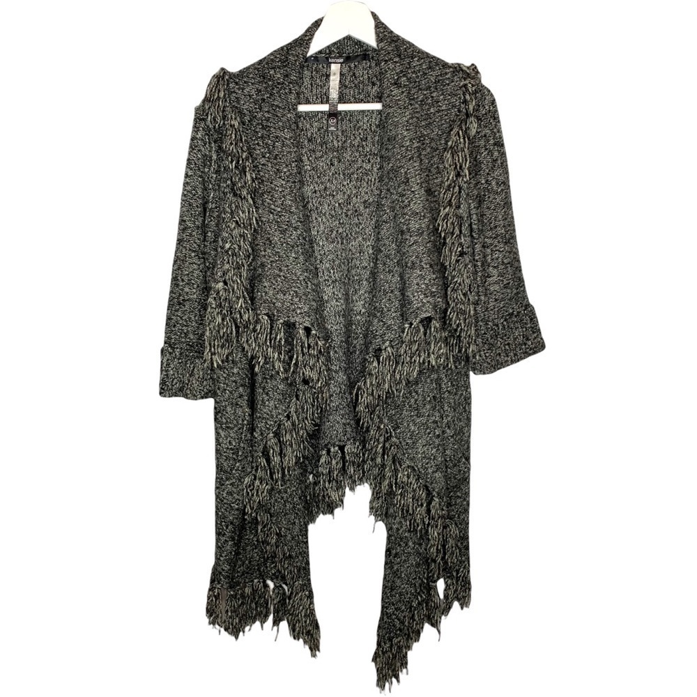 Kensie Boho 3/4 Sleeve Open Front Fringe Cardigan Gray Extra Small